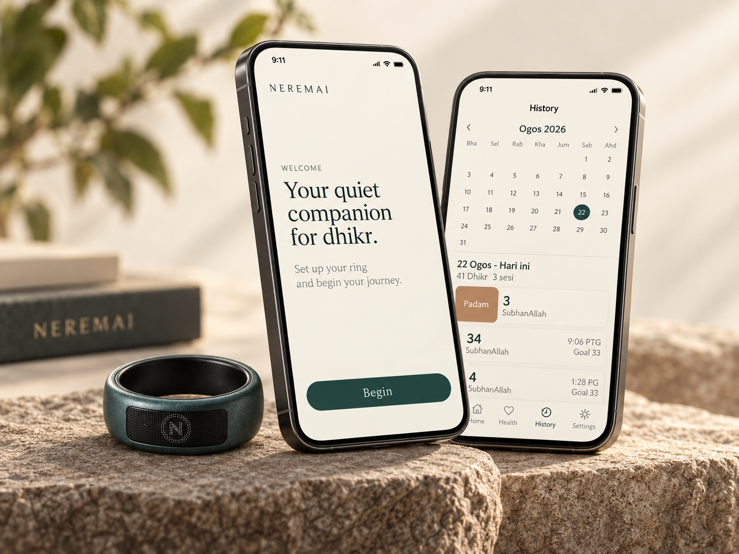 NEREMAI ring with companion app onboarding and count history views
