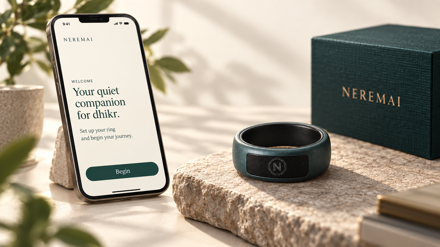 NEREMAI ring, packaging and companion app in a warm lifestyle setting