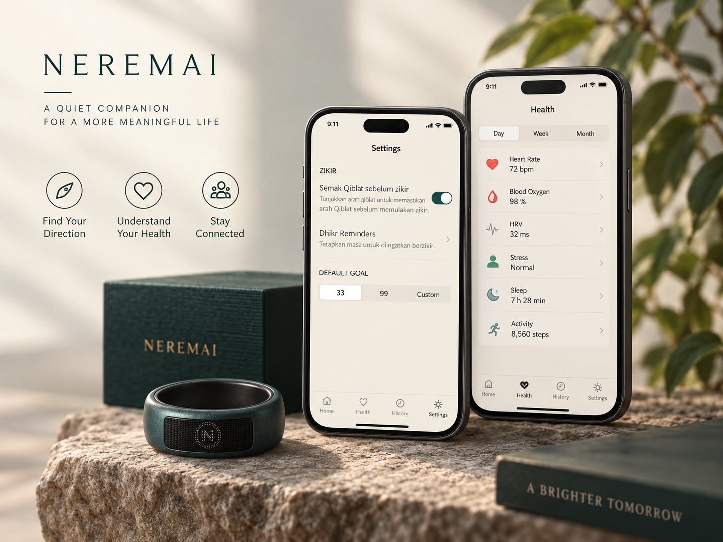 NEREMAI ring and app features in a warm lifestyle setting